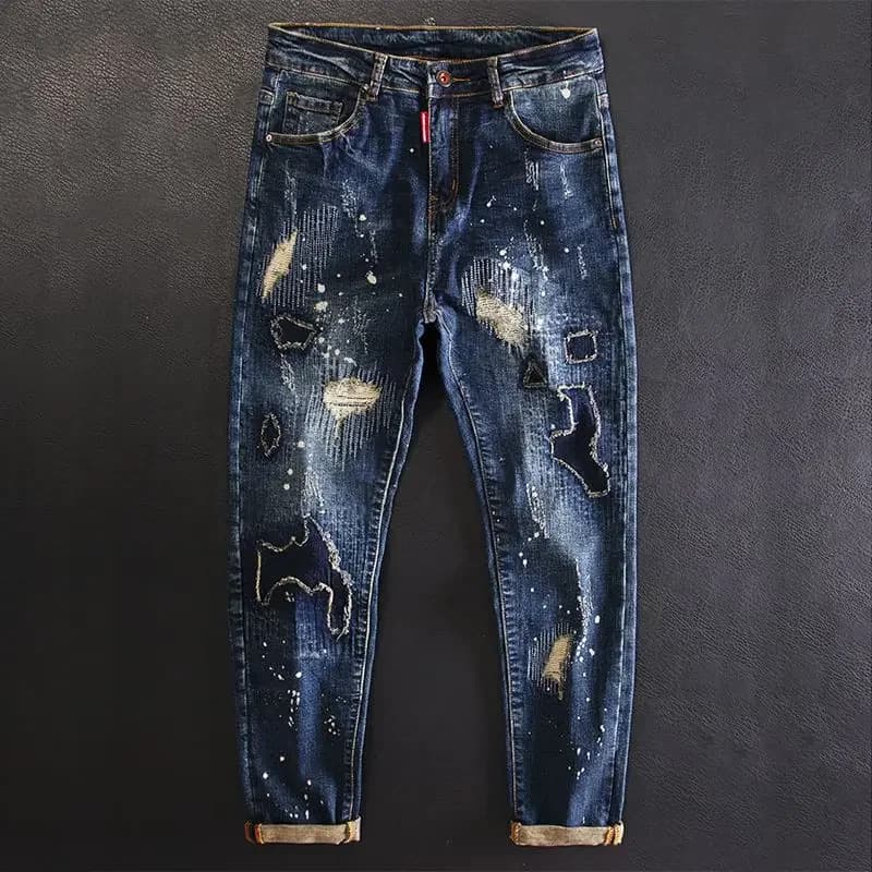 Men's Straight Crop Motorcycle Graphic Denim Jeans