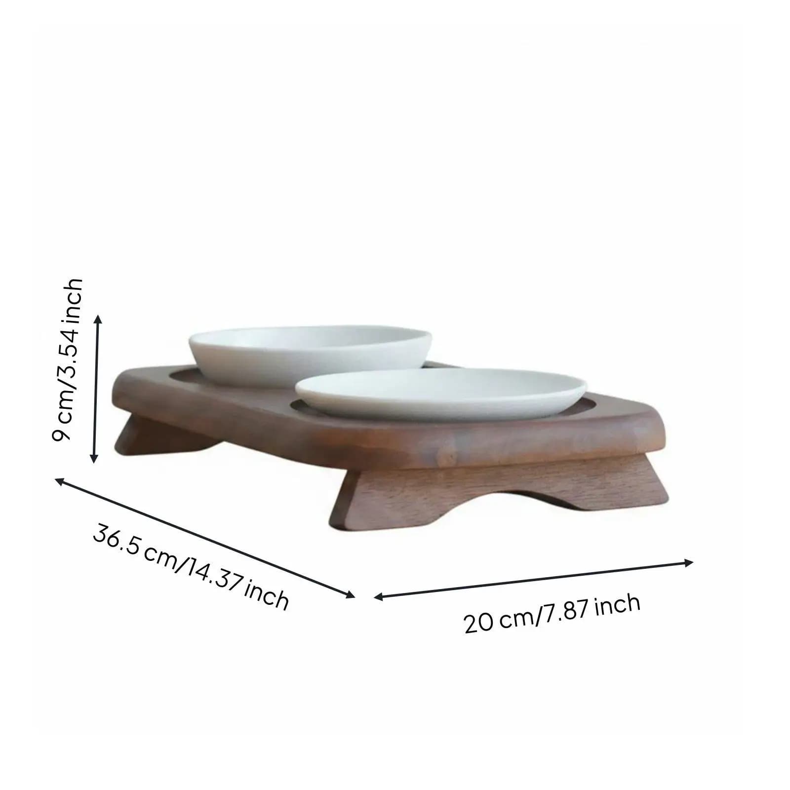 Double Ceramic Pet Bowl Stand with Wooden Base