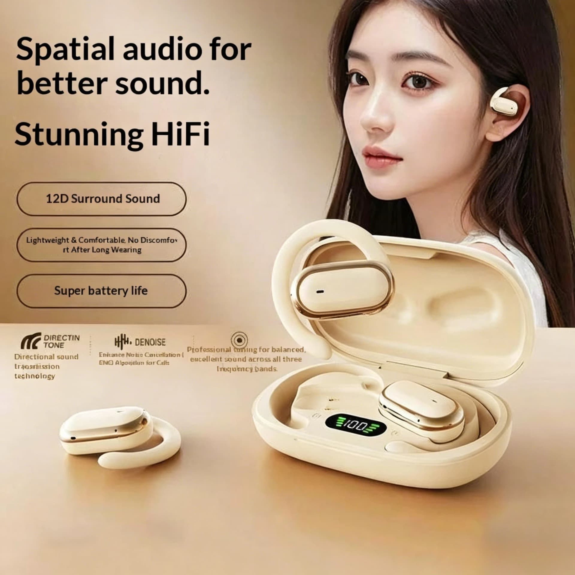 Wireless OWS Earhook Microphone Earphones with Smart LED Display Bluetooth 5.3 Earbuds for Enhanced Sound Comfort Headphones