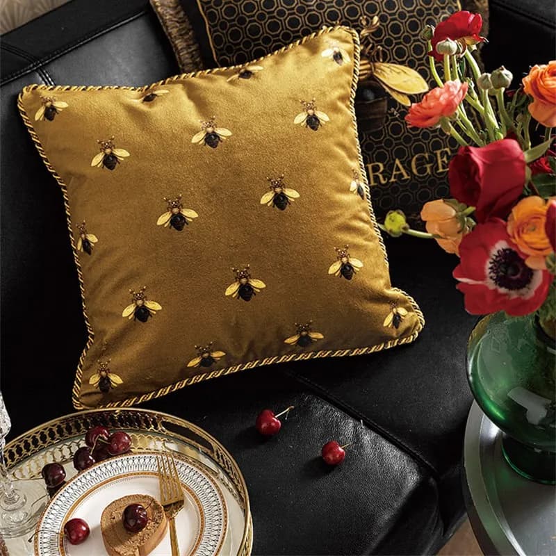 Bee Honey Golden Velvet Throw Pillow Cover