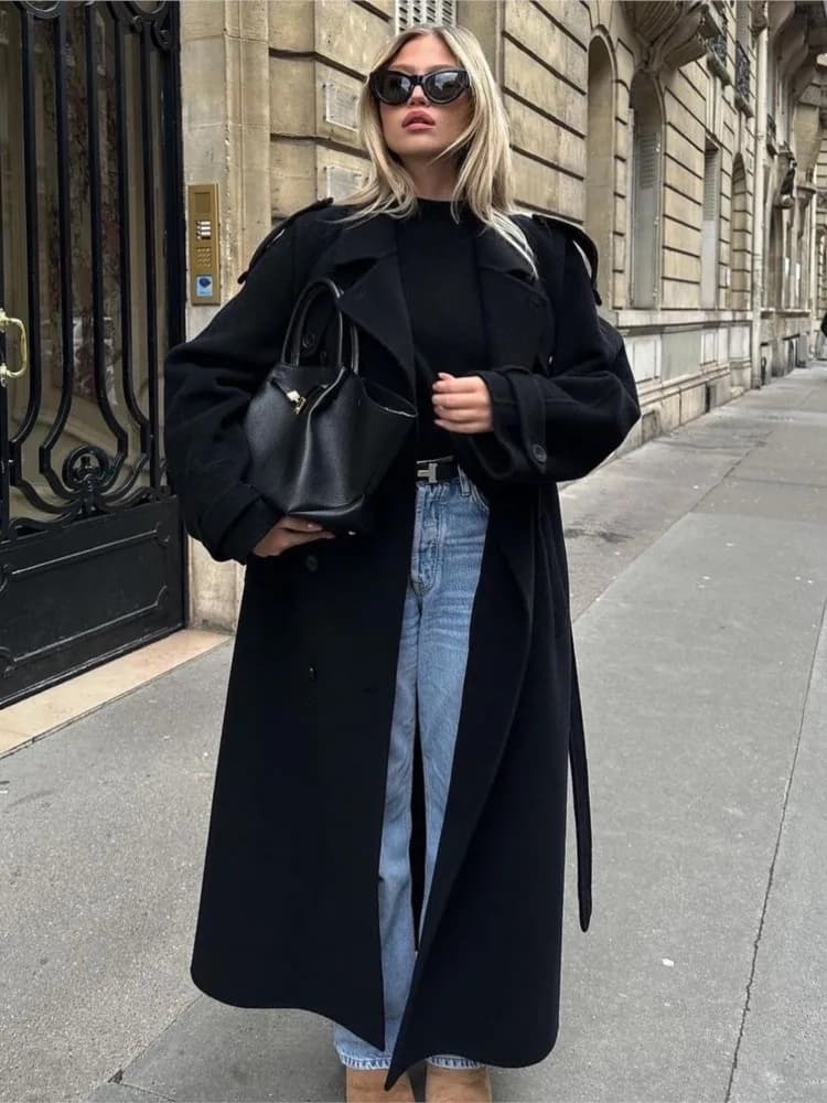 Wool Coat With Tailored Collar and Belt