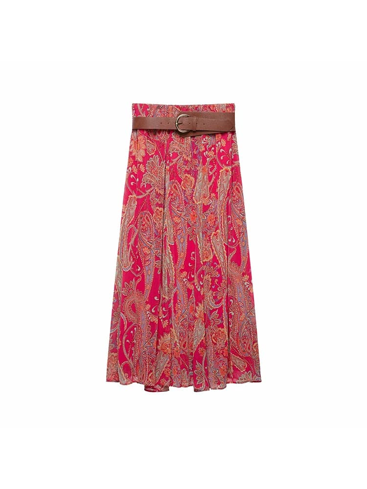 Women Vintage Fashion 2026 Autumn Red Print Suit Women Sexy Vest+ Sashes Draped Long Skirt Chic Bohemian Female Beach Sets