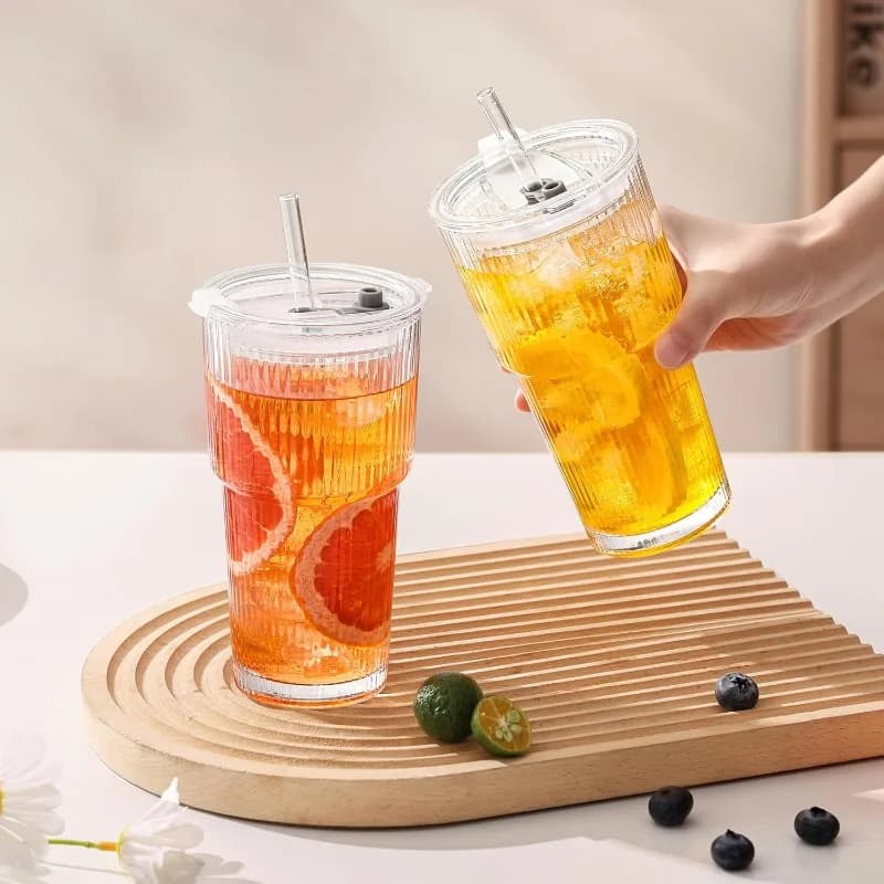 Striped Glass Coffee Cup with Lid and Straw