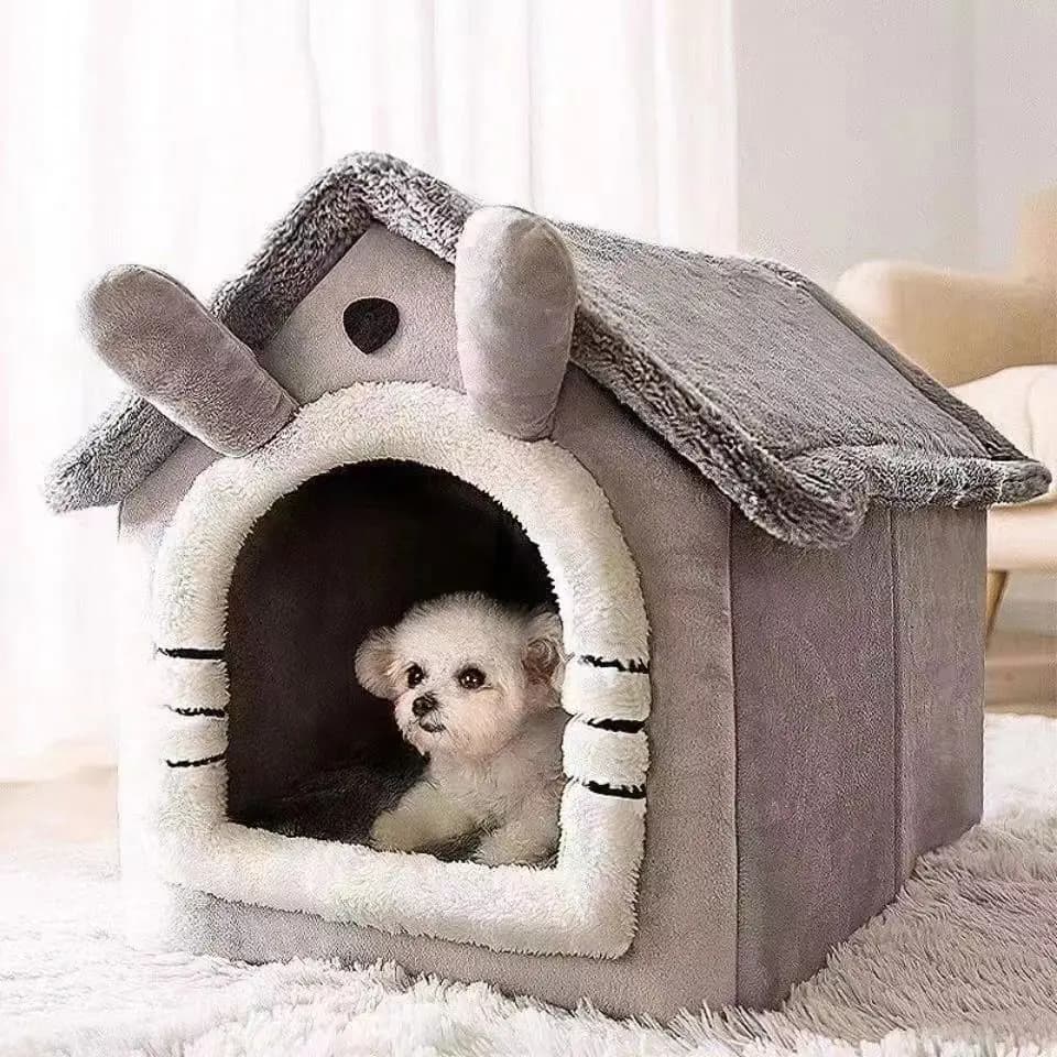 Warm Indoor Dog House Bed with Removable Cushion