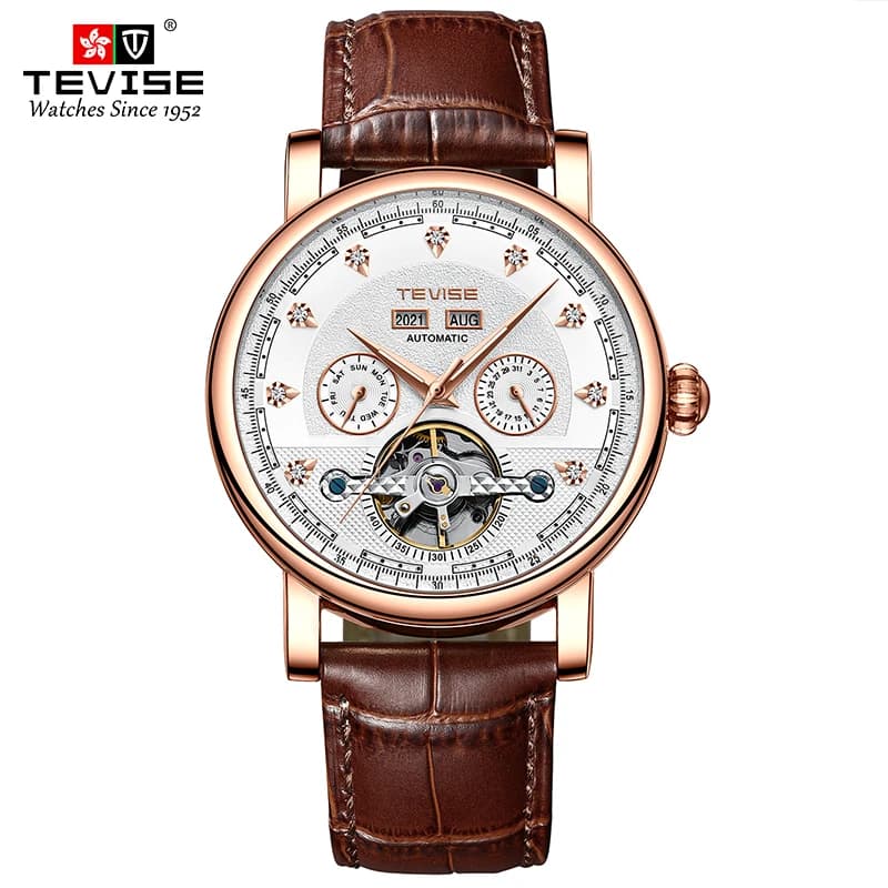 TEVISE Watch for Man Automatic Mechanical Movement Casual Leather Wristwatch Luminous Waterproof Business Gift