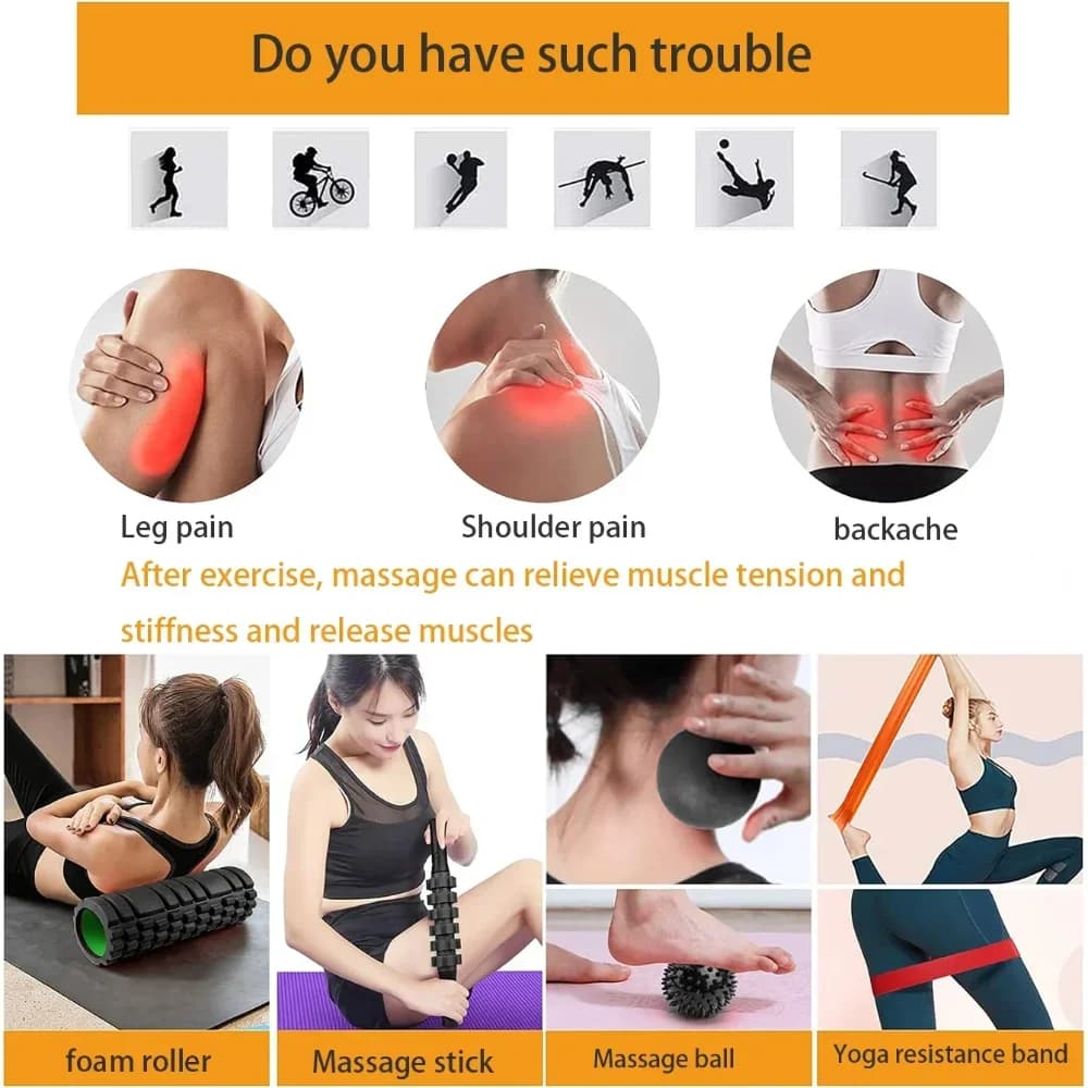 6 IN 1 Yoga Training Tools, Foam Roller, Massage Stick, Tension Band and 2 Massage Balls for Fitness, Yoga, Pilates Yoga Roller