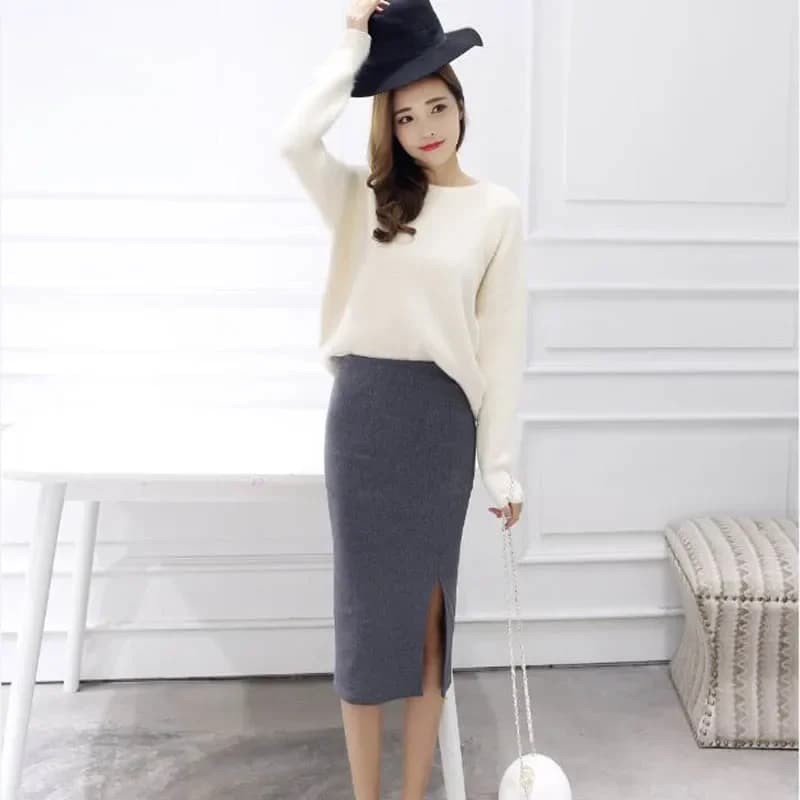 Women's Black Pencil Skirt Wool Rib Knit