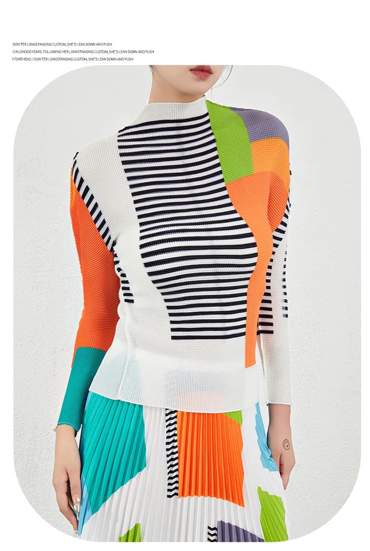 Women's Spring and Autumn Fashion Two-Piece Set: High-Neck Printed Slim-Fit Long-Sleeve T-Shirt and Skirt