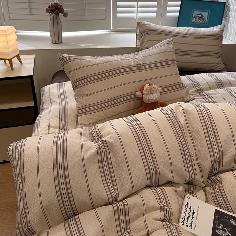 4Pcs Geometric Bedding Set for Four Seasons Soft Stripe Printing Skin-Friendly Bed Sets Single Fitted Sheet Kit with Quilt Cover