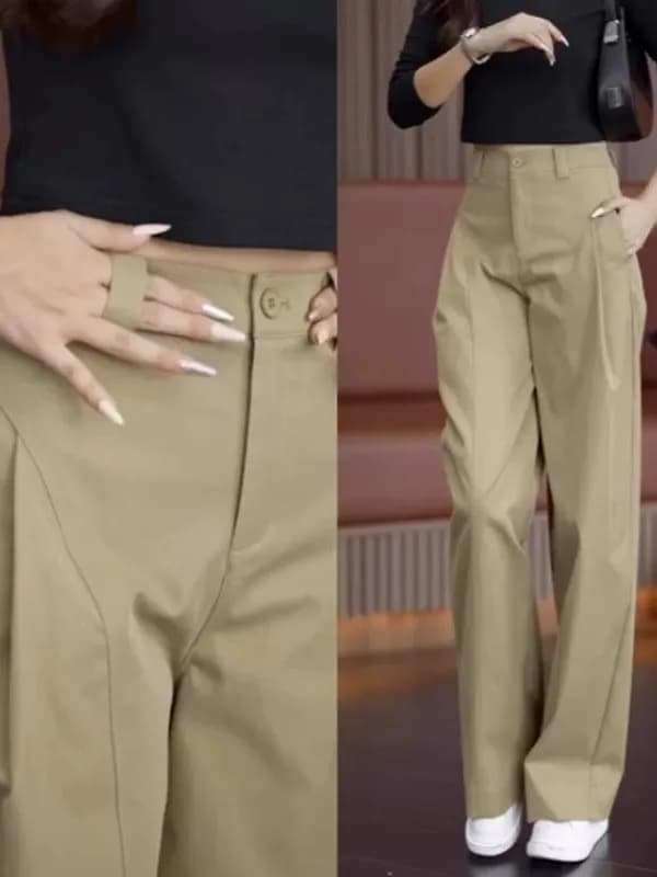 Women's High Waist Khaki Straight Leg Trousers