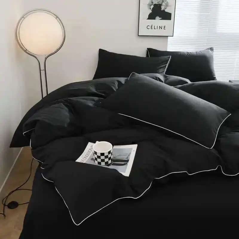 Black Bedding Set - Minimalist Queen/King Size Quilt Set 100% Cotton Plain Bed Cover Full Set (Includes Pillowcases)​