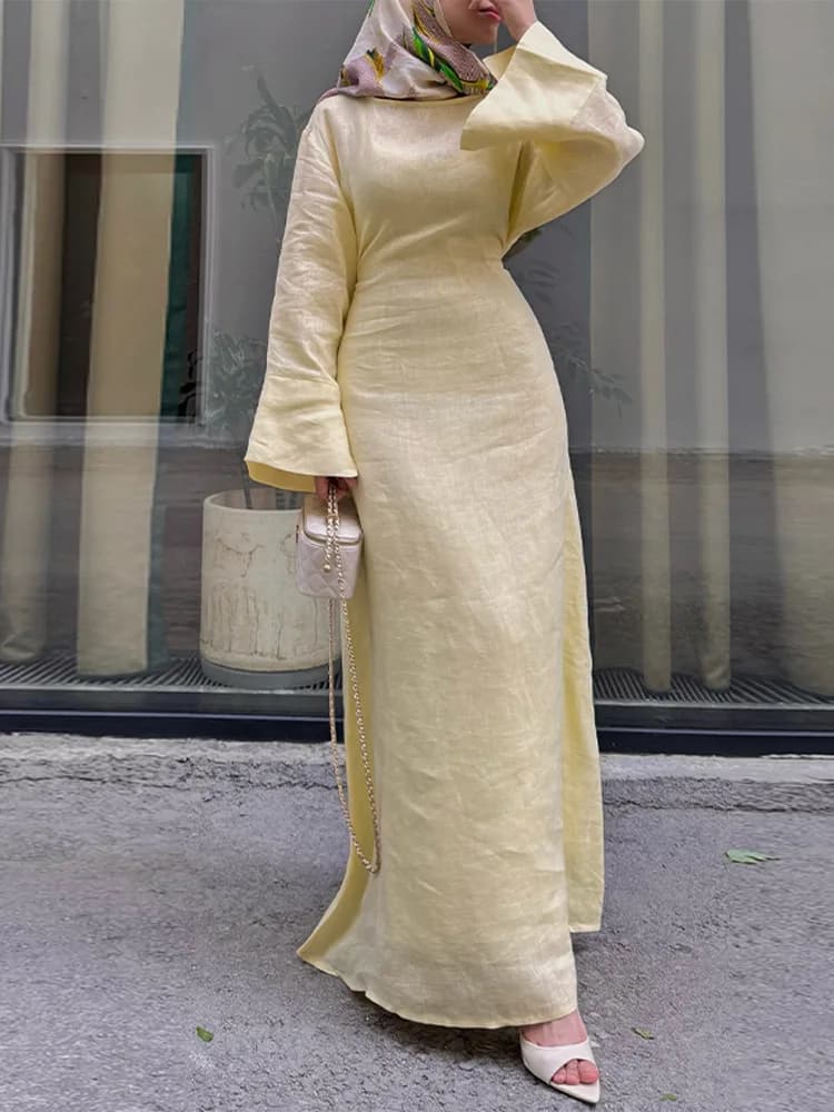 Women' Dresses Elegant O-Neck Cotton Lined Back Lace Up  Flare Sleeve Waist Cinching Long Robes Female Summer Lady Dress