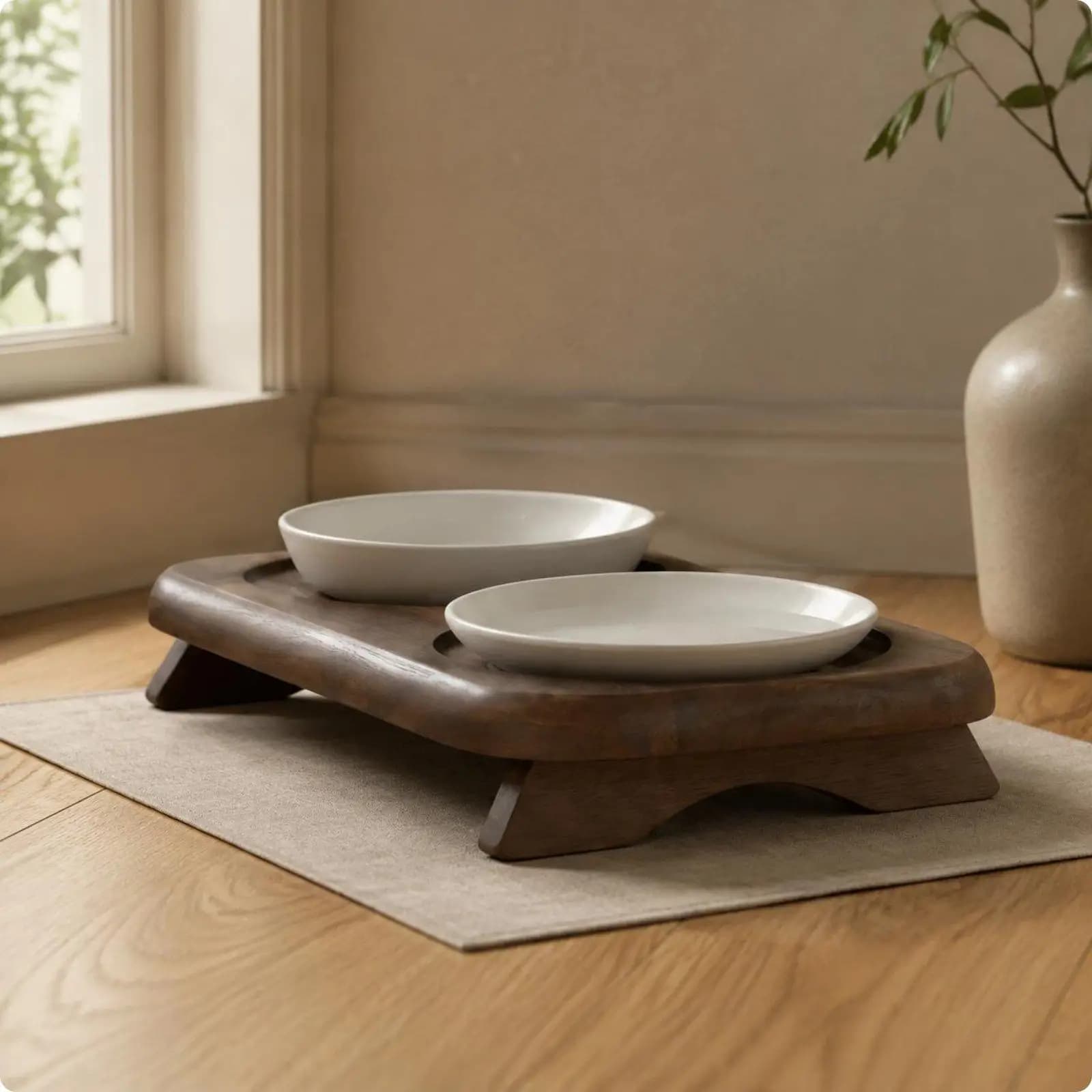 Double Ceramic Pet Bowl Stand with Wooden Base