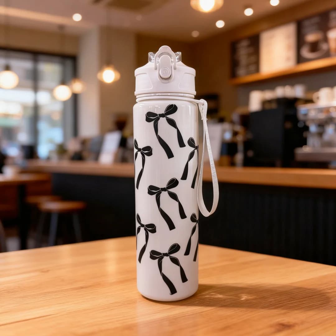 Cute Bow & Flower Water Bottle, Premium Texture Minimalist Design, Large Capacity, Lightweight and Leakproof with Portable