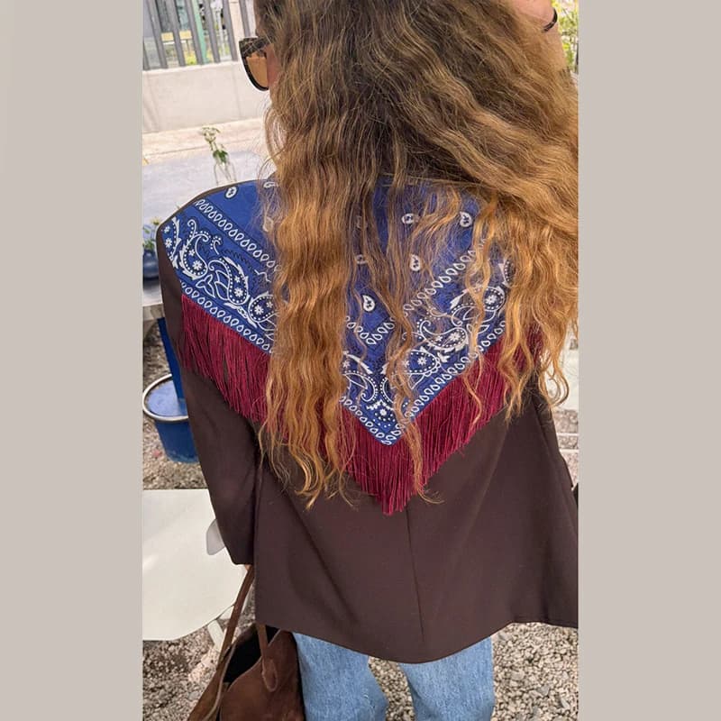 Women's Bandana Print Blazer with Fringe Shawl Back
