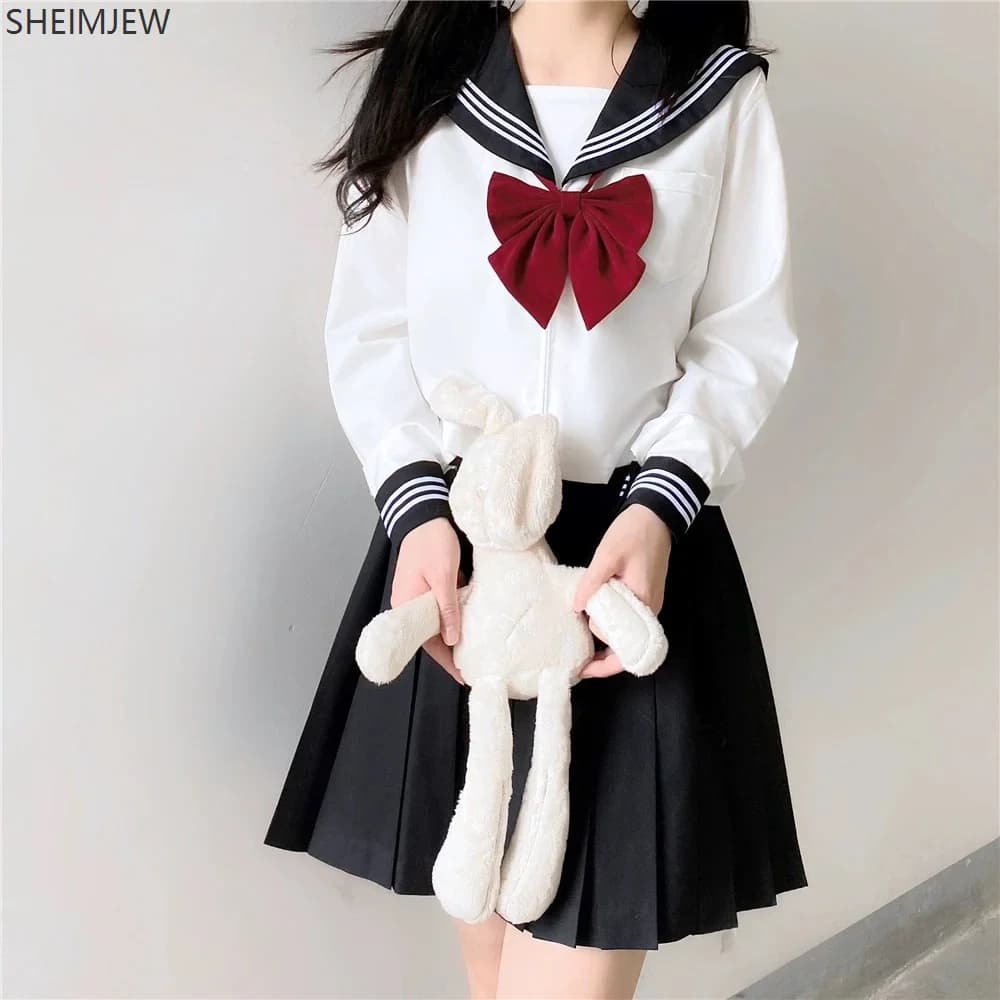 Japanese School Sailor Uniform Black White Three-Piece Set