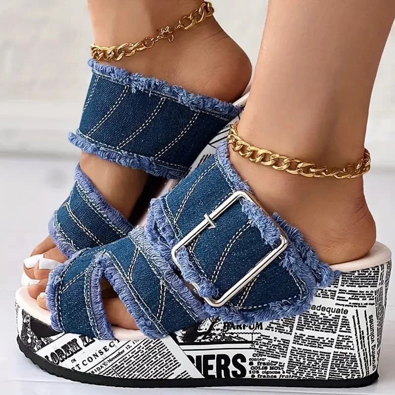 Women's Buckled Denim Platform Wedge Sandals