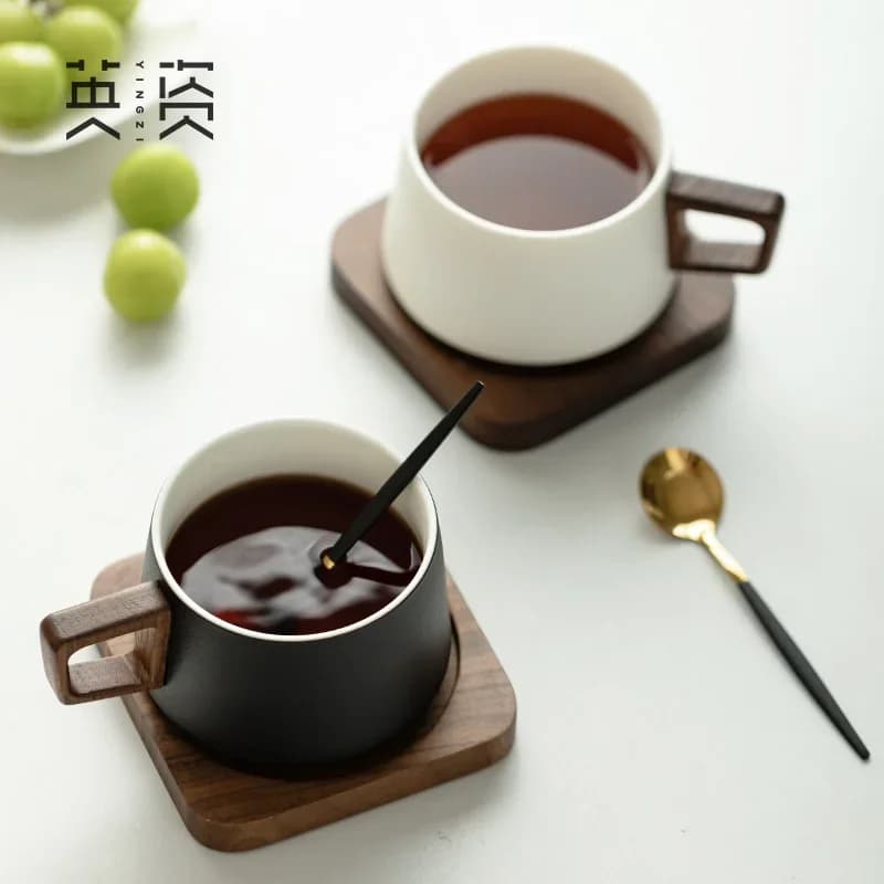 Ceramic Coffee Cup with Wood Coaster Set