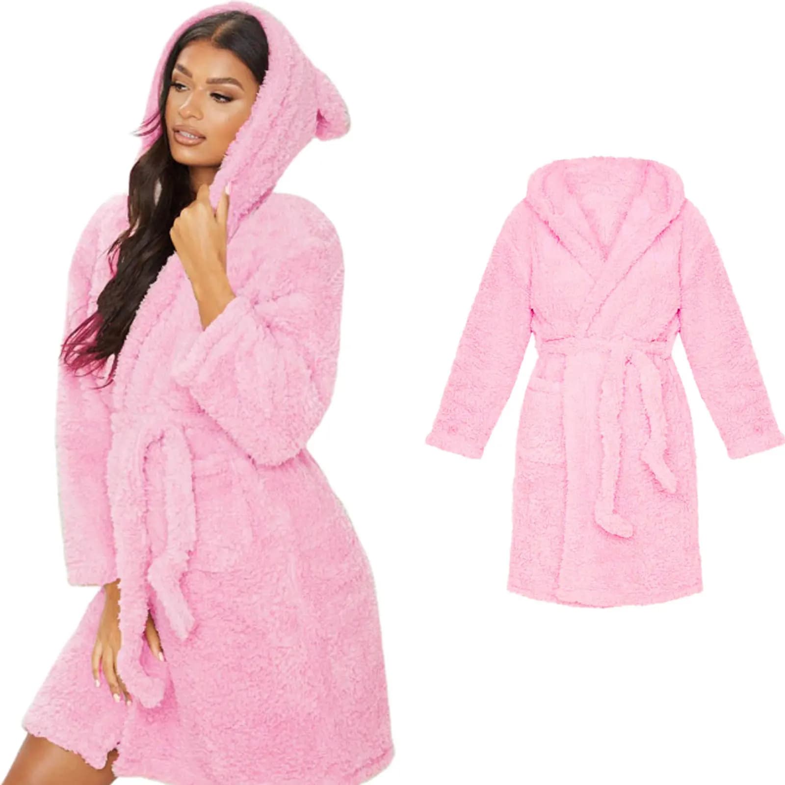Women's Winter Plush Animal Ears Hooded Night Robe