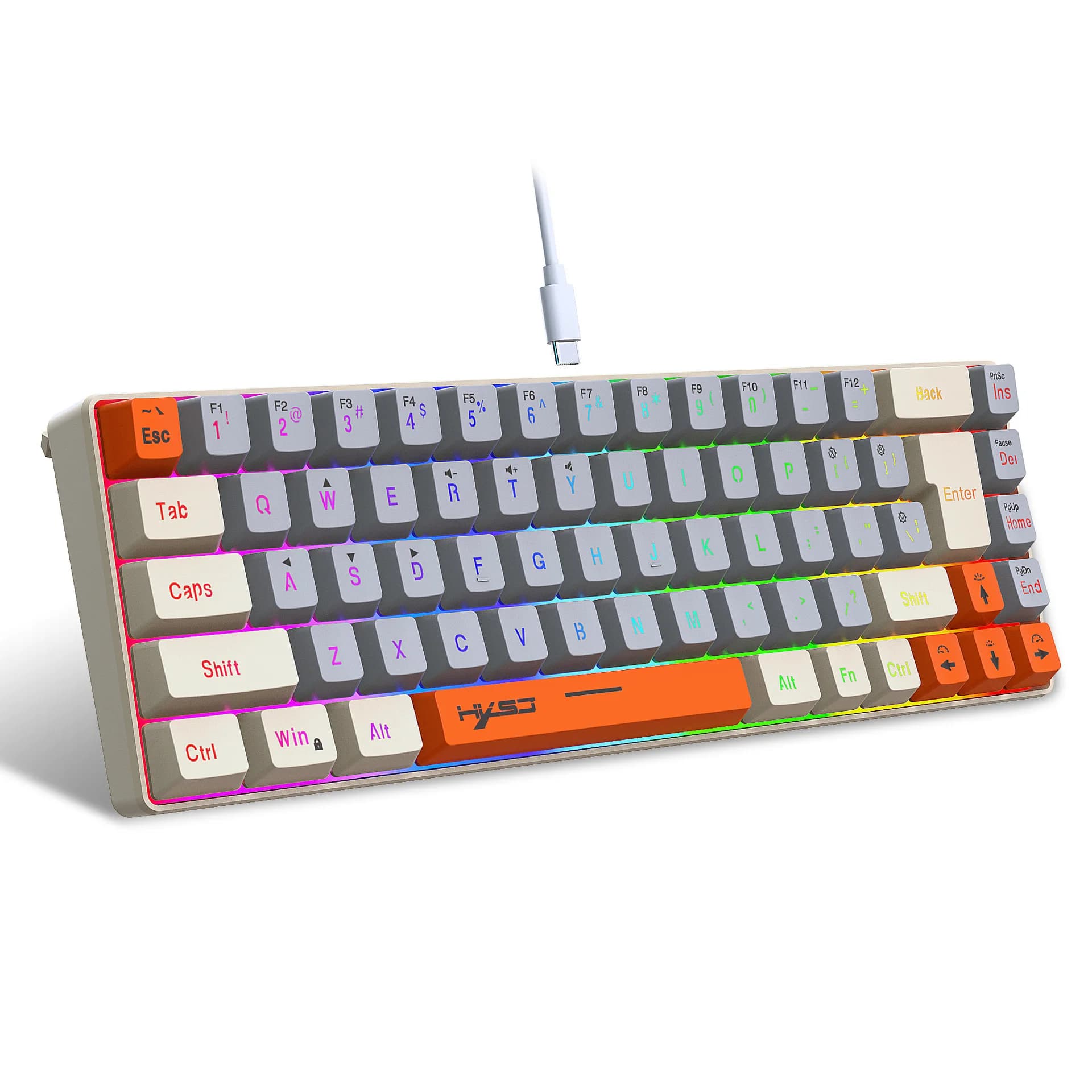 Teclado Gamer Color Game Film Keyboard 65% Key-Line Separation RGB Backlit Multi-Function Wired USB Keyboards Gaming PC Branco