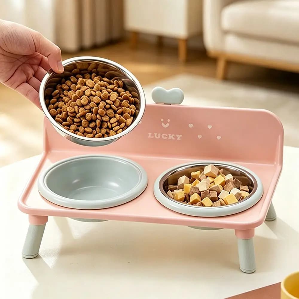 Elevated Stainless Steel Double Pet Bowl with Splash Guard