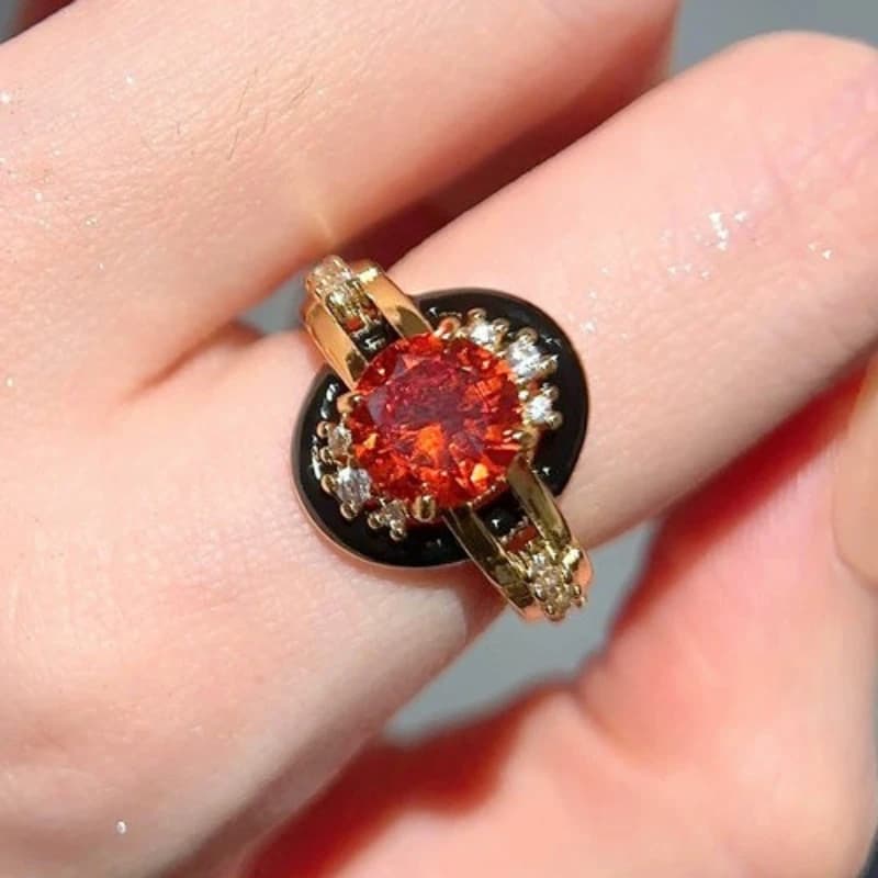 Lab Ruby Enamel Ring Round Cut Gold Plated