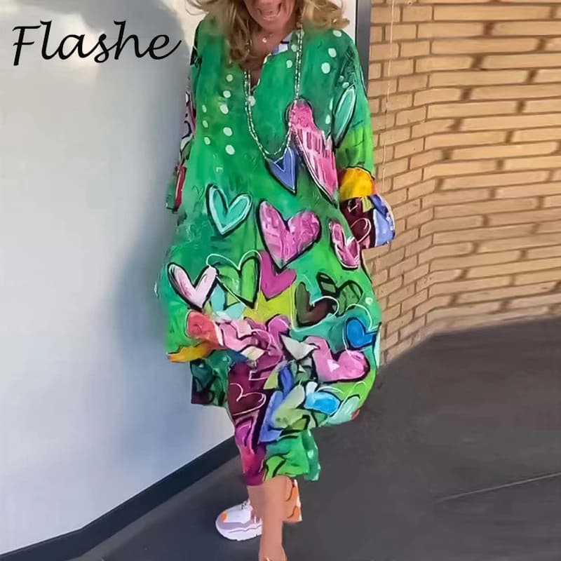 Vintage Print Maxi Dress with Long Sleeves