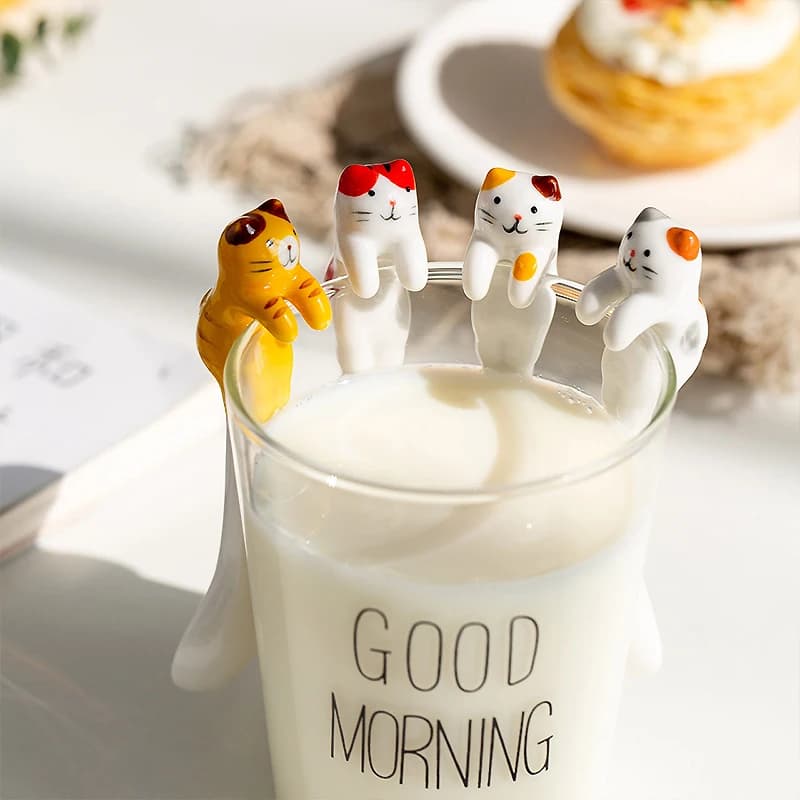 Ceramic Cartoon Cute Cat Animal Mixing Spoon Hanging Short Handle Coffee Dessert Spoon Flatware Kitchen Tool