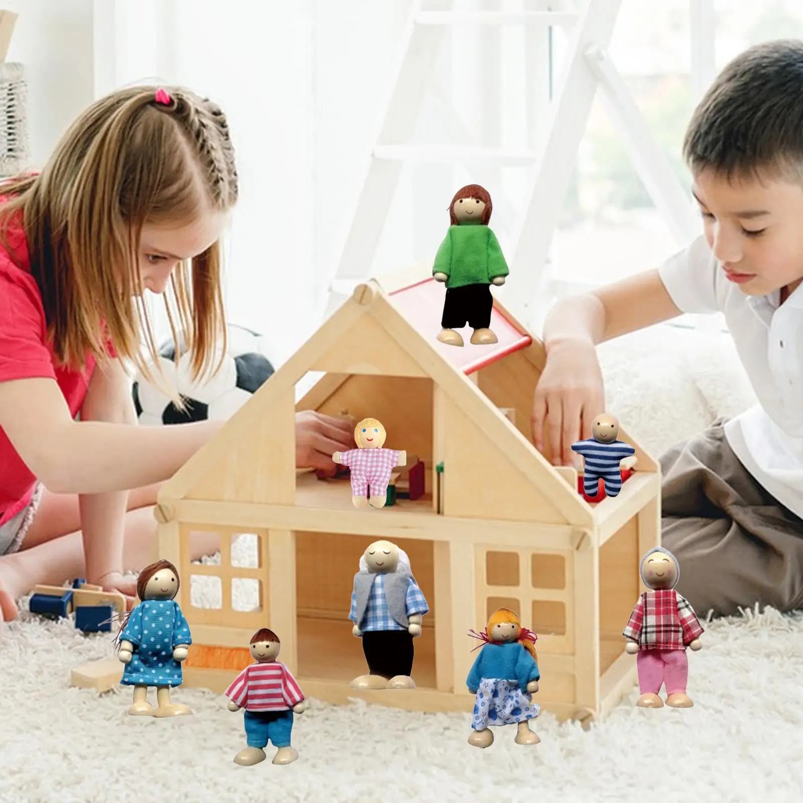 Bendable Wood Doll House People Figures Set of 8