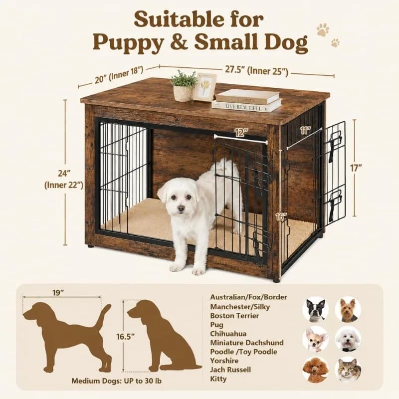 Wooden Dog Crate Side Table with Cushion