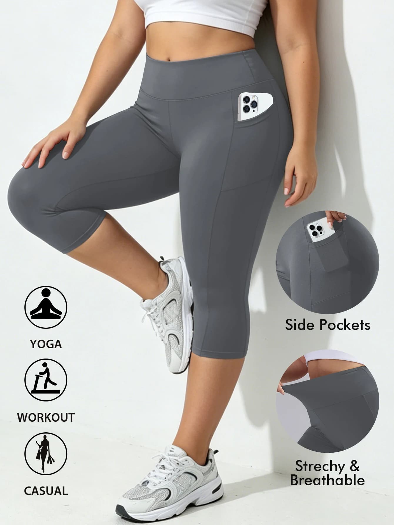 Plus Size Capri Leggings with Pockets and Tummy Control