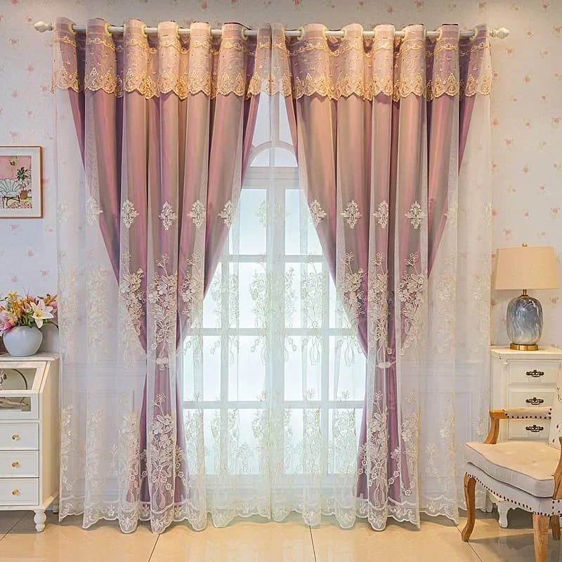 Embroidered Blackout Curtain Panel with Sheer Tulle