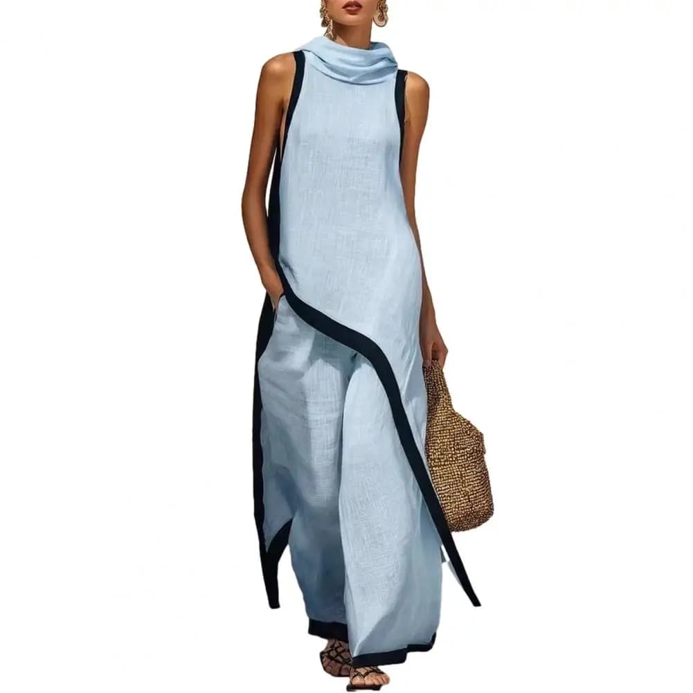 Women Fashion  Color Block Cotton Linen Two-Piece Outfit Asymmetrical Hem Mock Neck Sleeveless Top Wide-Leg Pants Vacation Sets