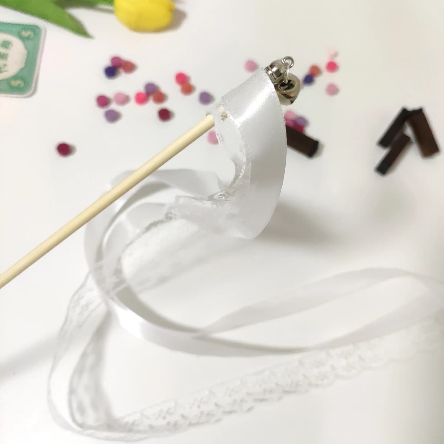 White Ribbon Wand with Lace and Bells