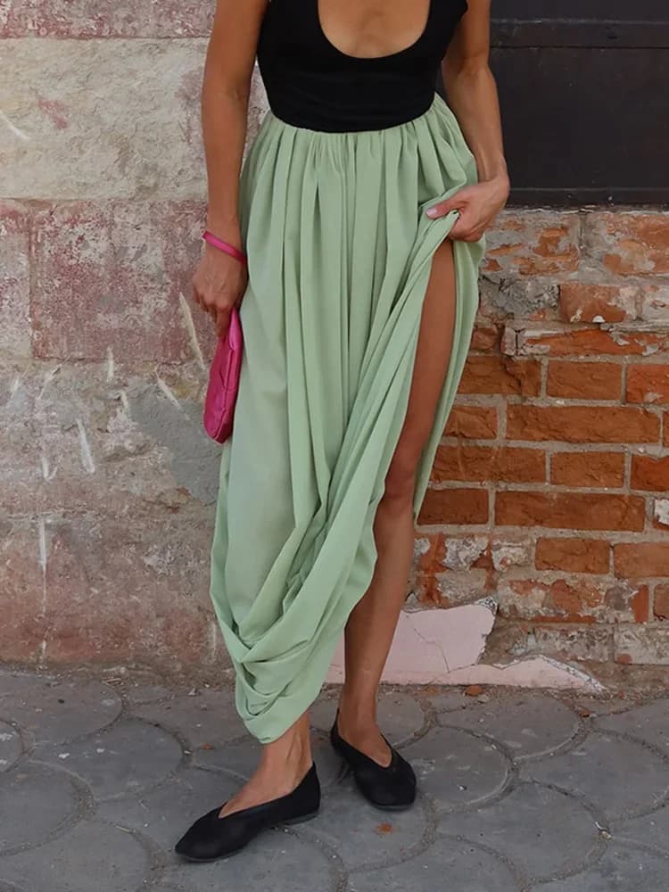 Pleated Mesh High Waist Maxi Skirt