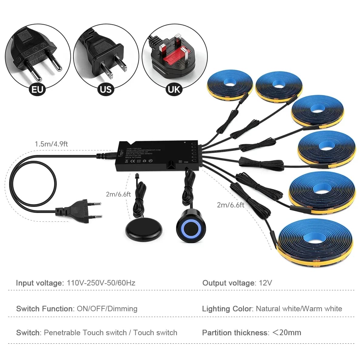 LED Strip Light Kit 2-10 PCS Linkage Lighting EU US UK Black PCB Board With Embedded Touch Switch & Touch/Hand Scan Panel Switch