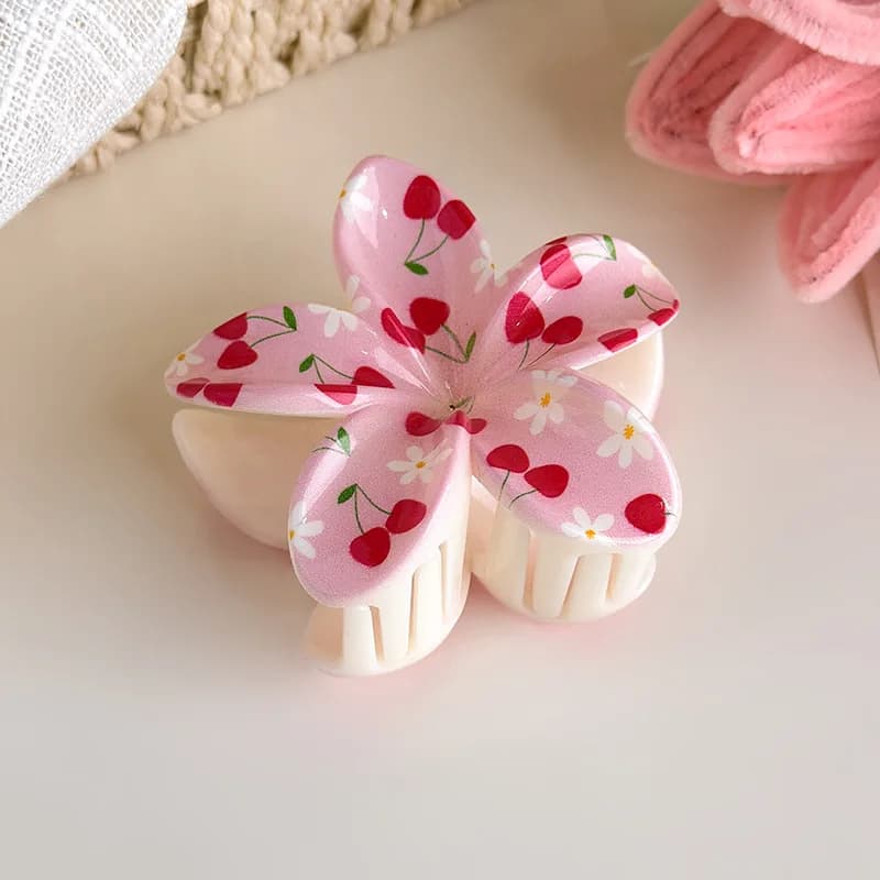 Cute and Pastel Hair Accessories: Checkered Bows, Cherry Blossoms, and Frangipani Hair Clips for Girls (Back-of-Head Hairpins)