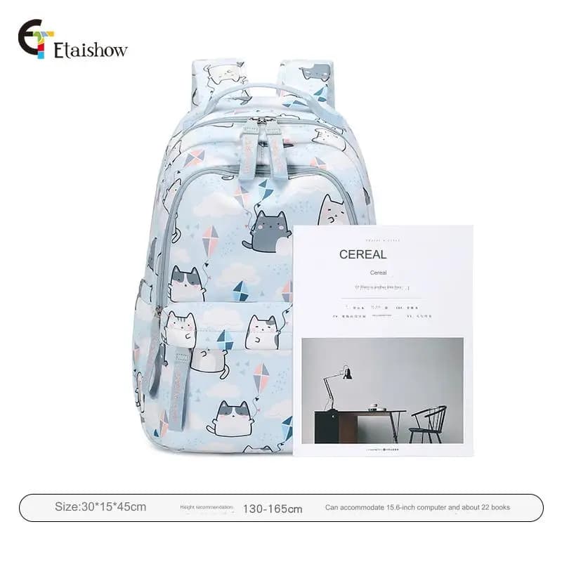 Cute Cat Print School Backpack for Girls