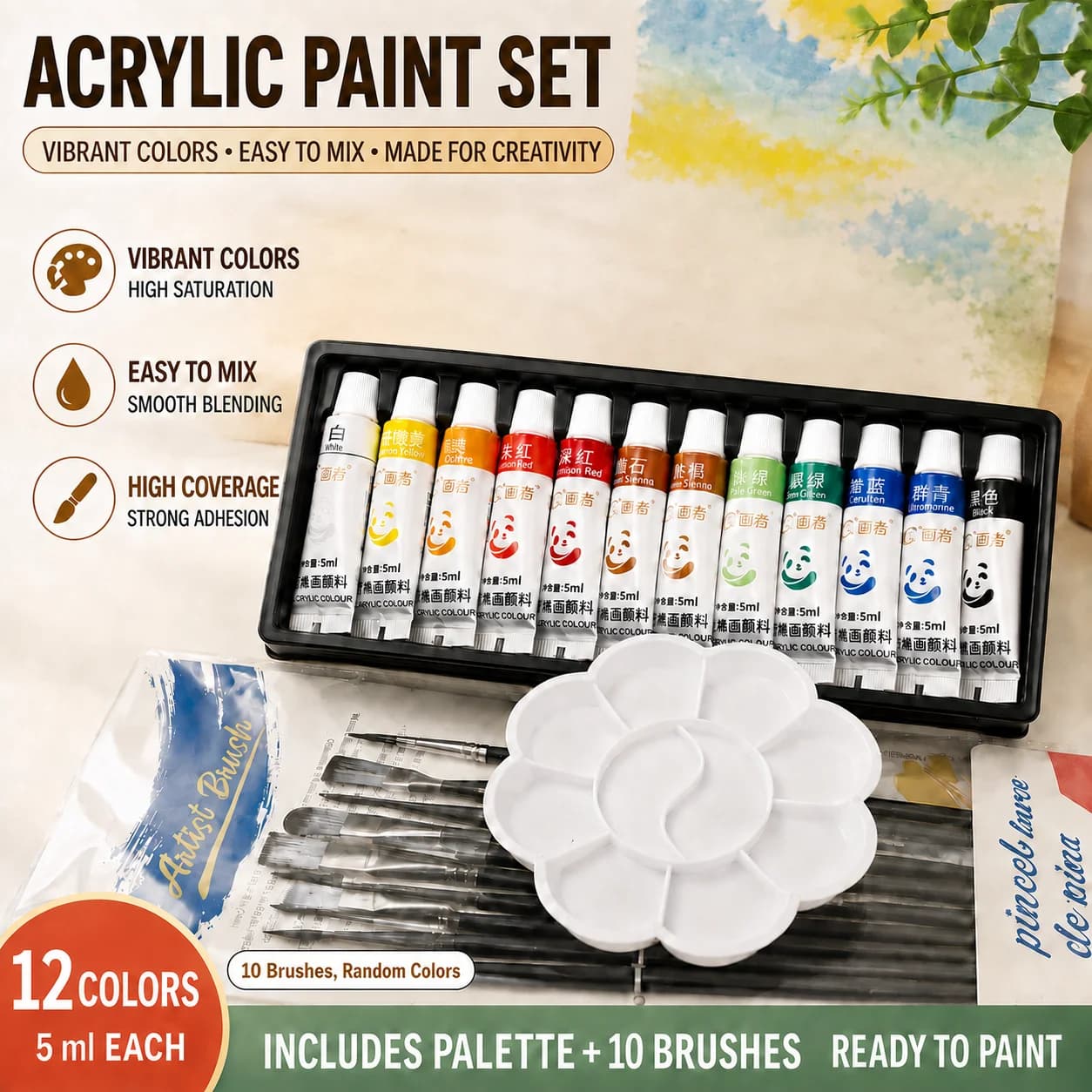 Acrylic Paint Set with Brushes and Palette