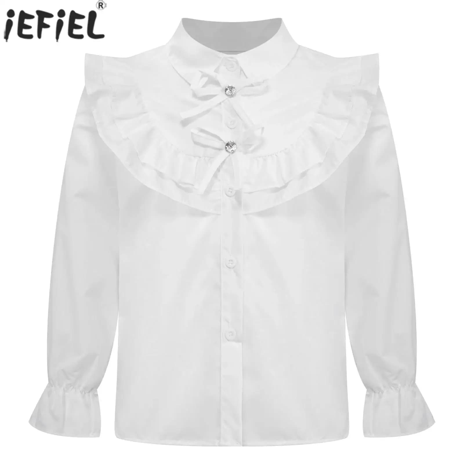 Girls White Ruffled Long Sleeve Button Down Blouse