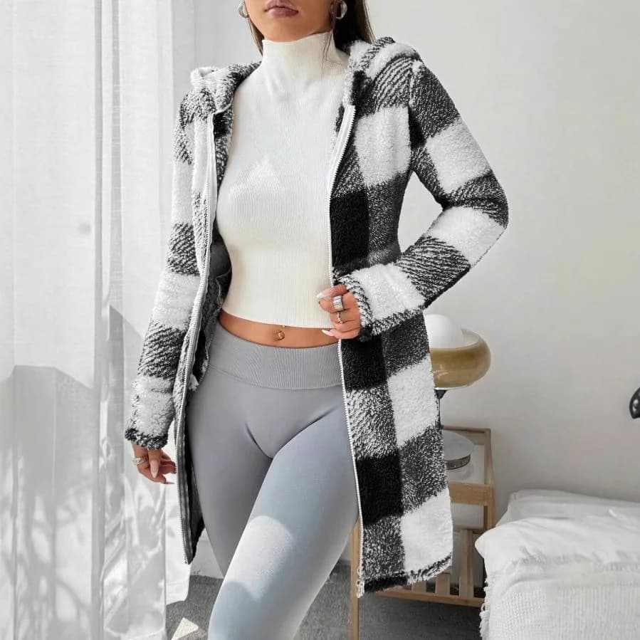 Women's Plaid Hooded Zip Cardigan Coat