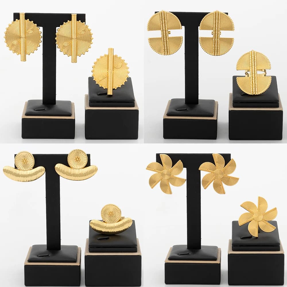 Fashion Jewelry Set Dubai Gold Color Luxury Flower Shape Adjustable Ring Round Earrings For Women Wedding Party Gifts Daily Wear