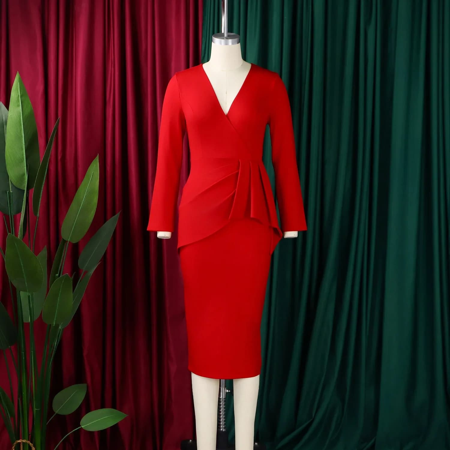 Women's V-Neck Ruched Midi Dress