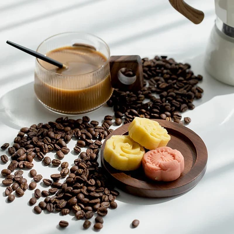 Walnut Wood Coffee Cup Set with Tray and Spoon