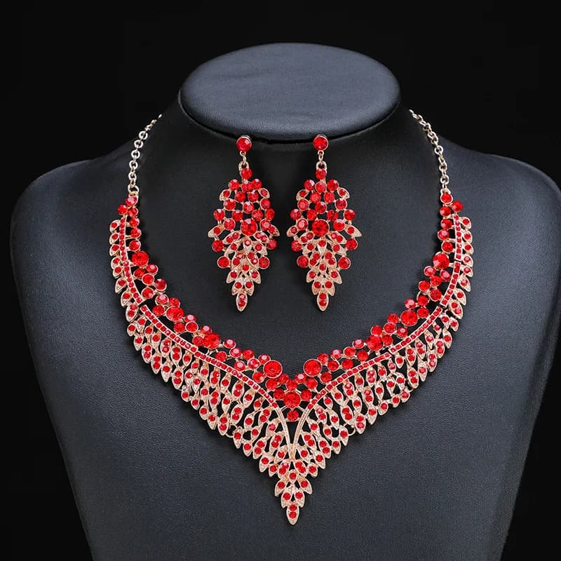 Red Crystal Statement Earrings and Rhinestone Choker Set