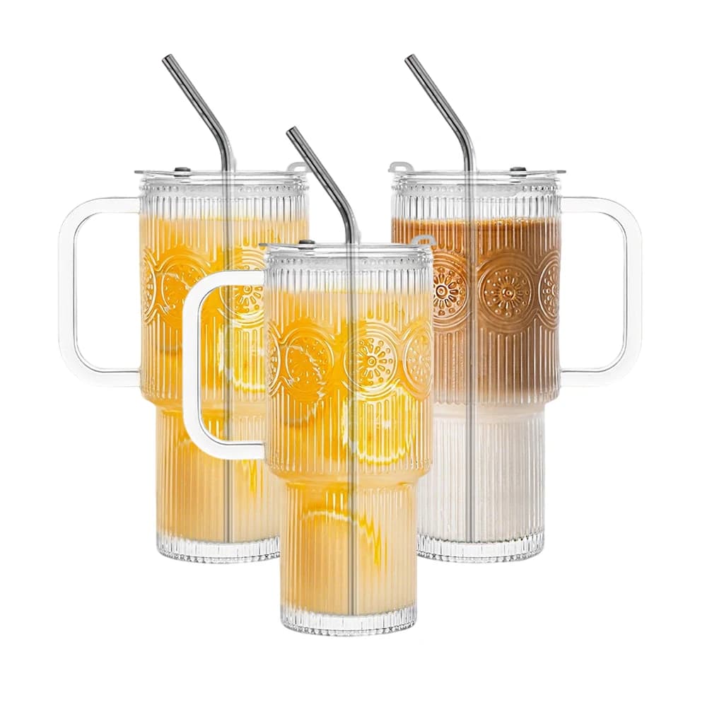 500 ML Ribbed Glass Tumblers with Lids and Straws