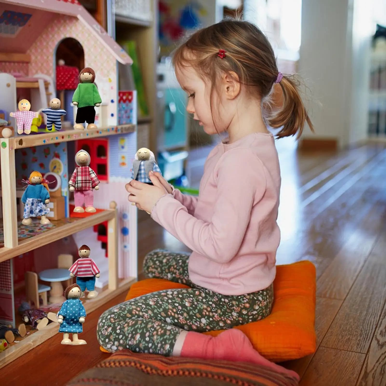 Bendable Wood Doll House People Figures Set of 8
