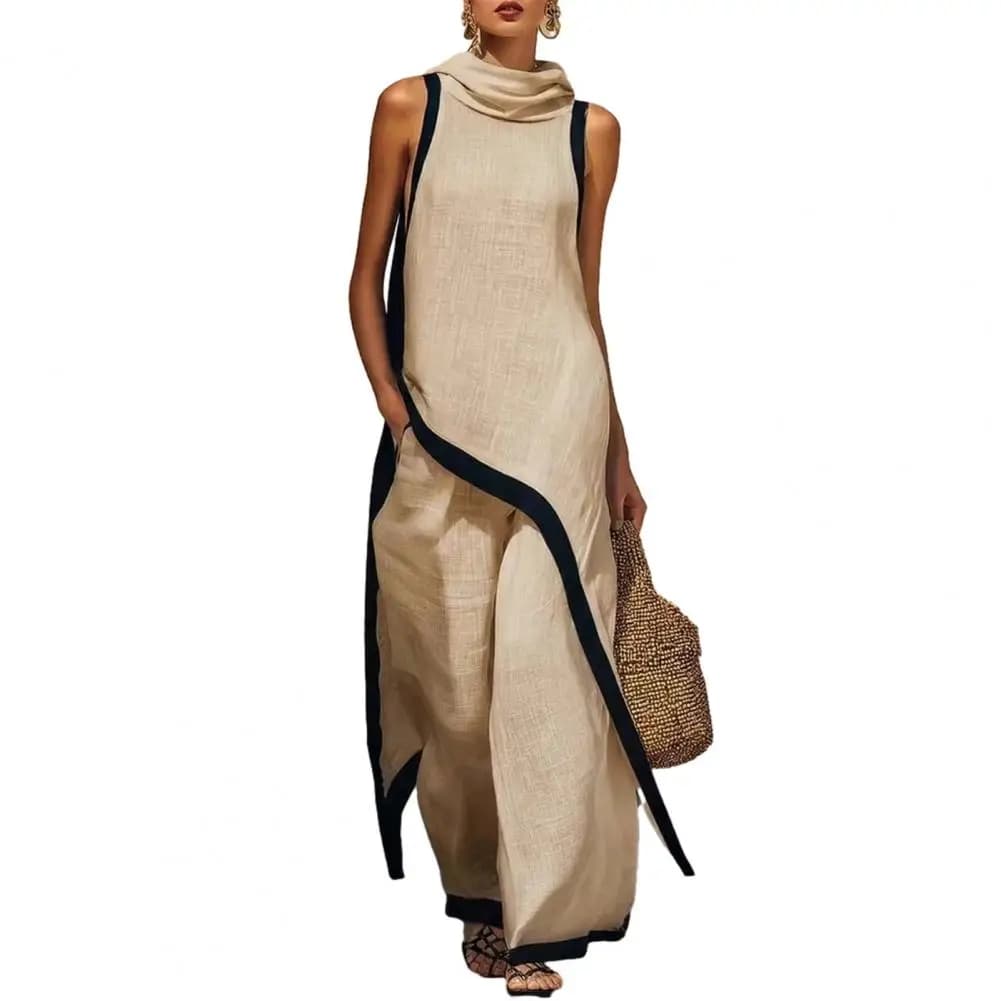 Women Fashion  Color Block Cotton Linen Two-Piece Outfit Asymmetrical Hem Mock Neck Sleeveless Top Wide-Leg Pants Vacation Sets