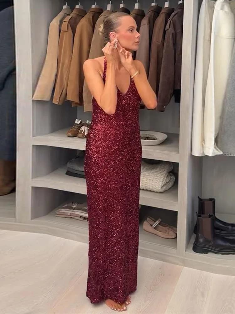 Women's Dresses Trend 2025 Elegant Party Long Evening Dresses Female Clothing Sequin Halter-Neck Maxi Dress Sleeveless Outerwear