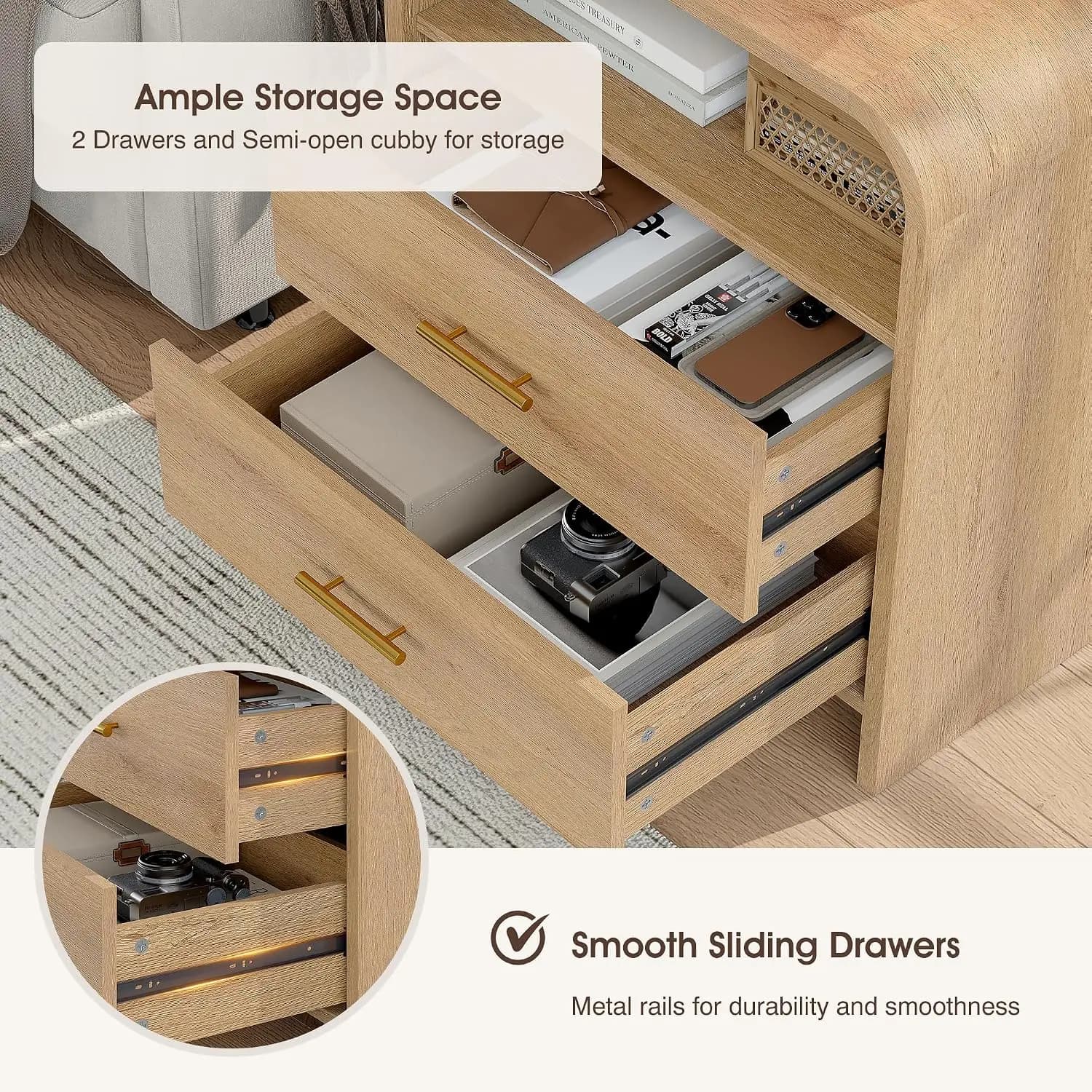 Nightstand w/ Charging Station & 2 Drawers, 25'' Tall Bedside Table, 23.6'' End Table, Curved Profile, Light Oak, Customized